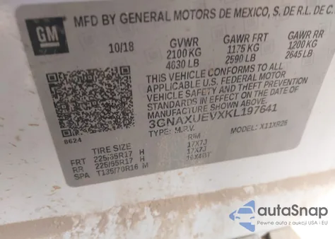 2019 Chevrolet Equinox Lt из США, поврежденный, VIN 3GNAXUEVXKL197641